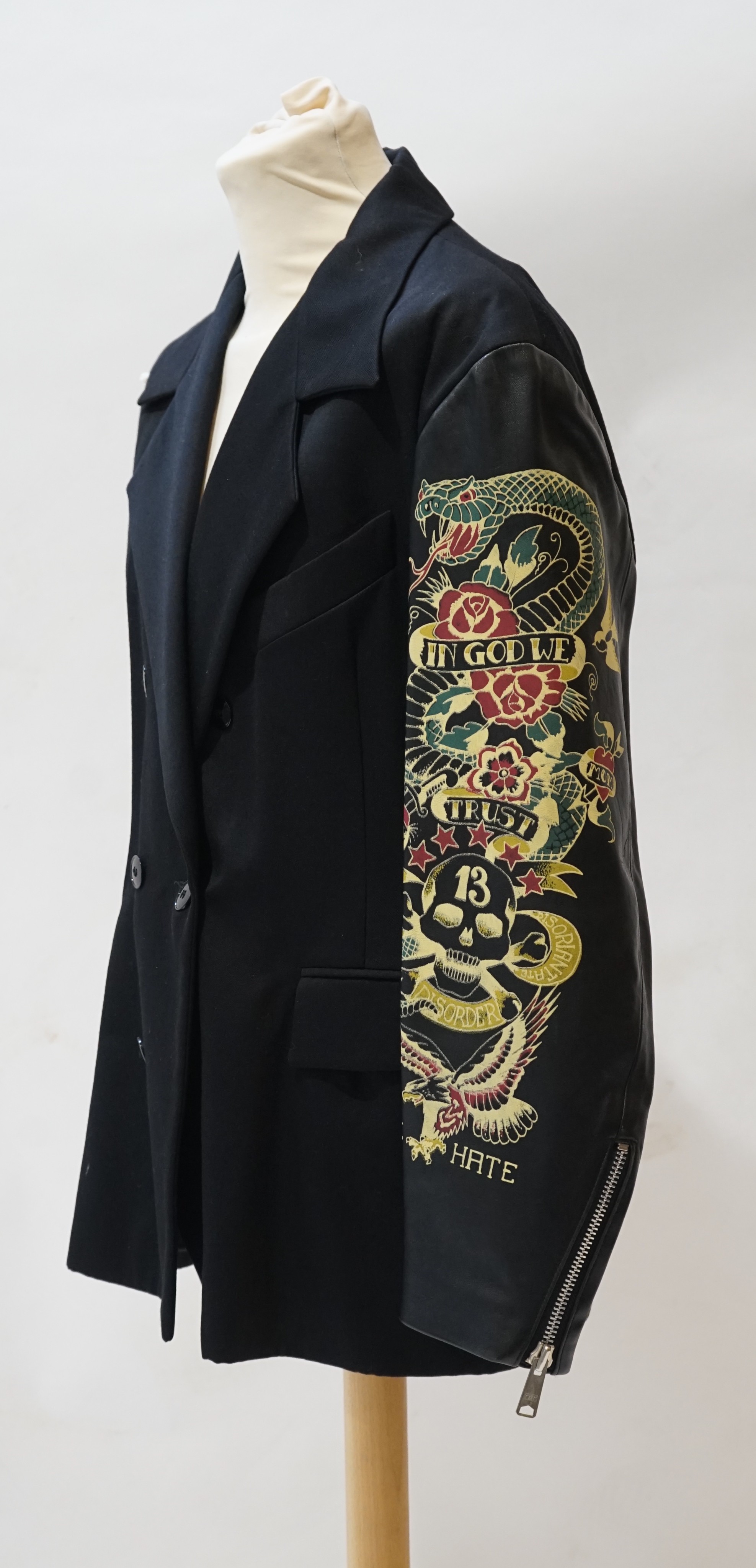 A gentleman's John Richmond double breasted wool jacket with stencilled leather arms, size M